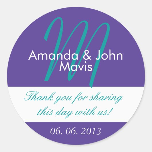 Sticker Rond Purple Turquoise Simple Mariage initial Favoriser (Devant)