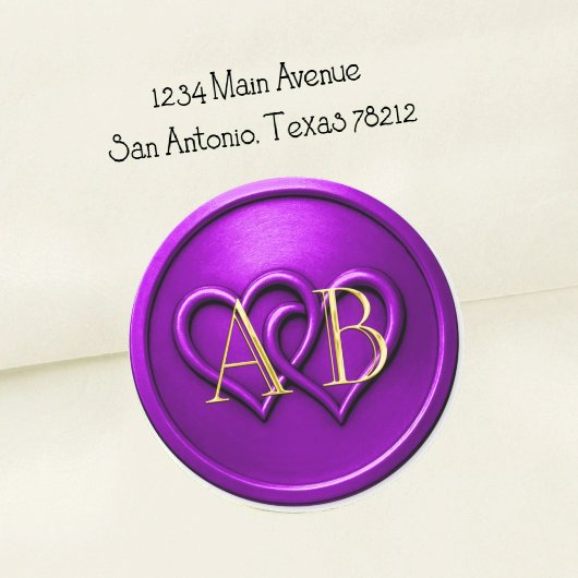 Sticker Rond Purple Two Hearts Intertwined Monogram Wedding