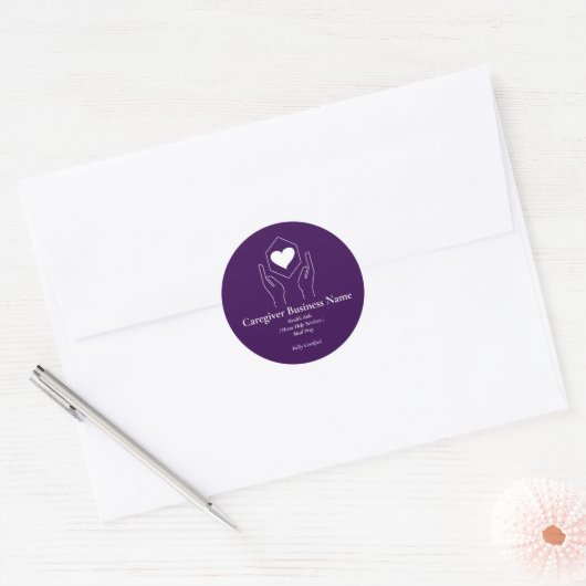 Sticker Rond Purple White Hand Heart Caregiver elder (Enveloppe)