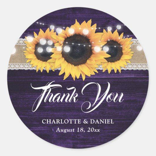 Sticker Rond Purple Wood Burlap Lace Sunflower Wedding (Devant)