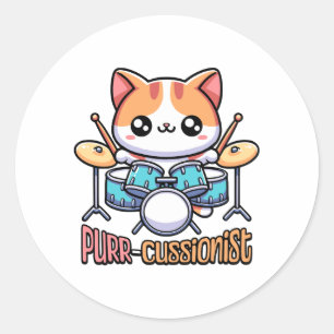 Sticker Rond Purrcussionniste Cute batteur Cat Pun