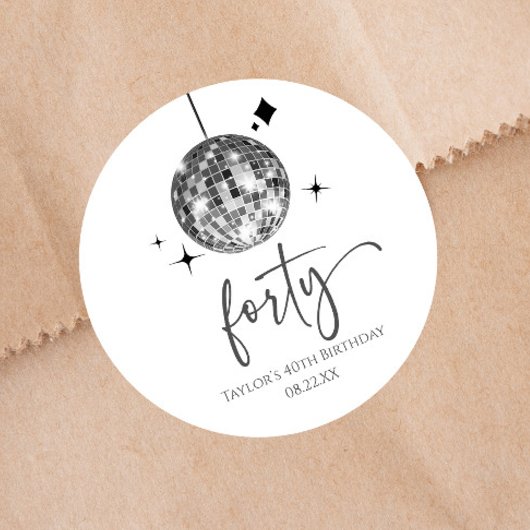 Sticker Rond Quarante Silver Disco Ball 40e fête d'anniversaire