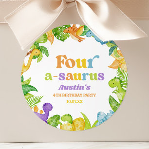 Sticker Rond Quatre A-Saurus Dinosaur 4e fête d'anniversaire