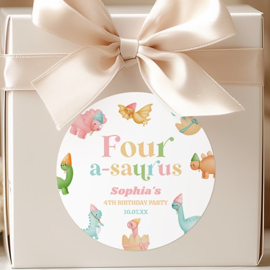 Sticker Rond Quatre A-Saurus Dinosaur 4e fête d'anniversaire
