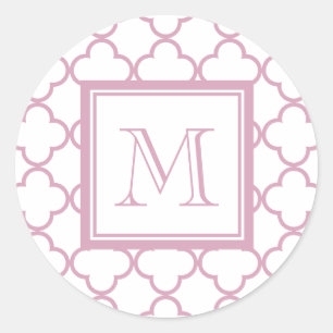 Sticker Rond Quatrefoil rose et blanc Votre monogramme