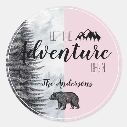 Sticker Rond Que l'aventure commence Ourson Rose Baby Shower (Devant)
