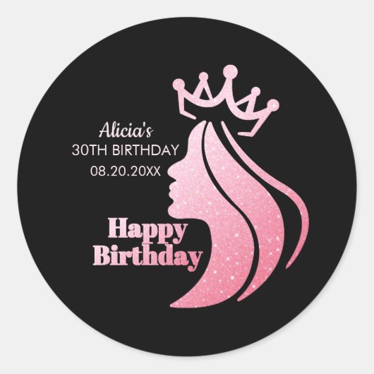 Sticker Rond Queen Crown Parties scintillant rose Noir Joyeux a (Devant)