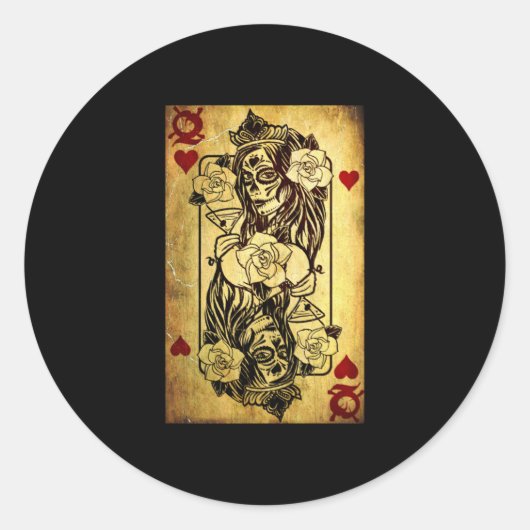 Sticker Rond Queen Of Hearts Card Deck Old (Devant)