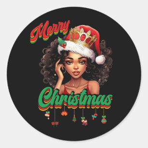 Sticker Rond Queen Santa Claus American African Christmas Women