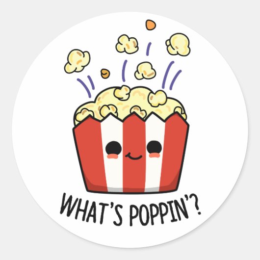 Sticker Rond Quel est Poppin Funny Popcorn Pun (Devant)