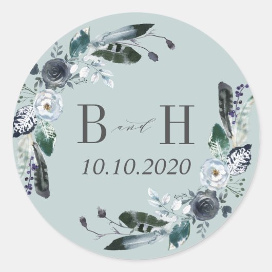 Sticker Rond Quelque chose de bleu | Boho Chic Mariage Monogram (Devant)