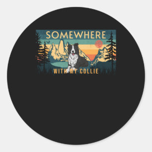 Sticker Rond Quelque Part Avec Ma Bordure Collie Vintage Randon