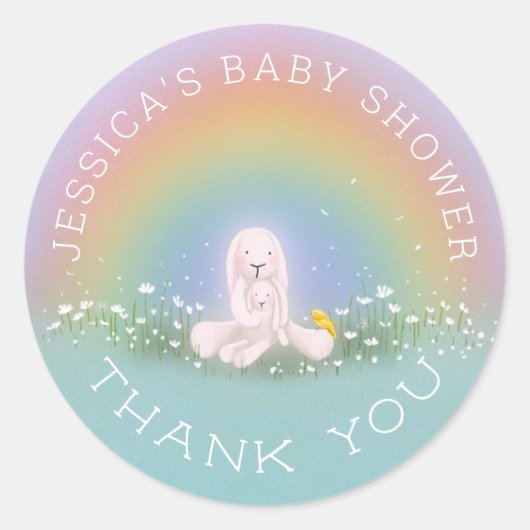 Sticker Rond Quelques Merci de Baby shower en arc-en-ciel Bunny (Devant)