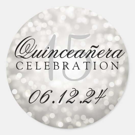 Sticker Rond Quinceanera 15e anniversaire Silver Bokeh lumières (Devant)