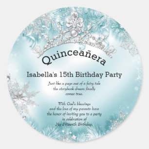 Sticker Rond Quinceanera 15e Hiver Merveilleux Argent Sarcelle 