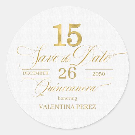 Sticker Rond Quinceanera anglais Enregistrer la date en or (Devant)