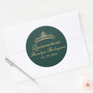 Sticker Rond Quinceañera Anniversaire Emerald Green Gold Tiara