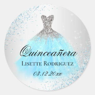 Sticker Rond Quinceanera Argent Et Bleu Clair