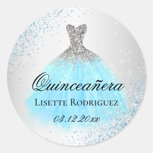 Sticker Rond Quinceanera Argent Et Bleu Clair (Devant)