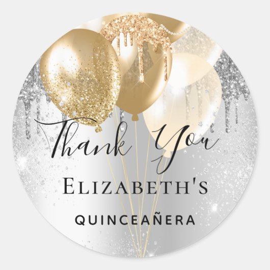 Sticker Rond Quinceanera argent or parties scintillant ballons (Devant)