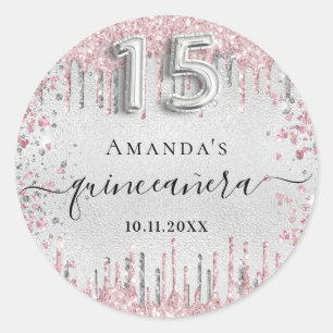 Sticker Rond Quinceanera argent rose parties scintillant nom go