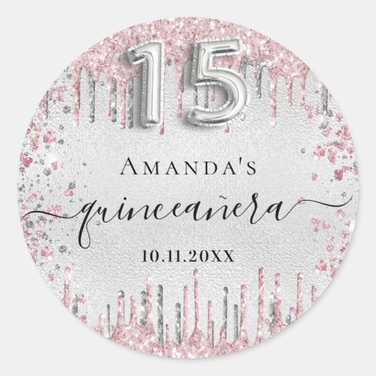 Sticker Rond Quinceanera argent rose parties scintillant nom go (Devant)