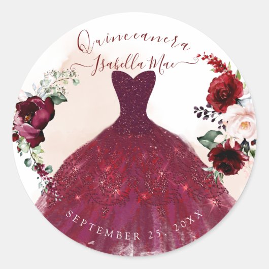Sticker Rond Quinceanera Blush Bourgogne Aquarelle Fleurs (Devant)