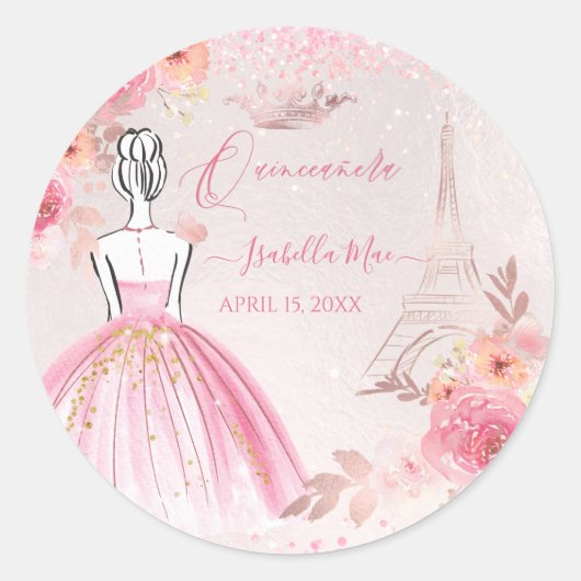 Sticker Rond Quinceanera Blush Pink Rose Gold Eiffel Tower (Devant)