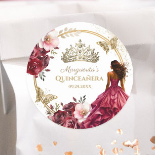 Sticker Rond Quinceañera Bordeaux Rose Doré Floral Princesse