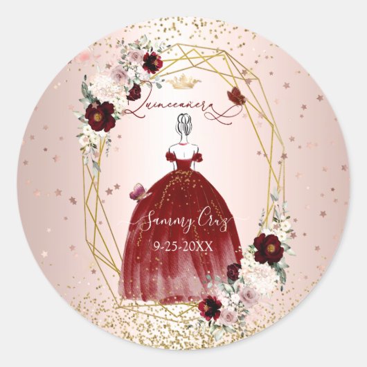 Sticker Rond Quinceanera Bourgogne H2 Fleurs Dusty Rose Blush (Devant)