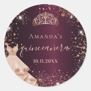 Sticker Rond Quinceanera Bourgogne rose écriture de nom de robe