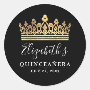 Sticker Rond Quinceanera de la Couronne royale noire et or