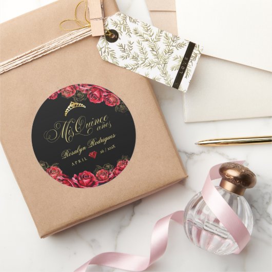 Sticker Rond Quinceanera - diamant rouge noir (Cadeaux)