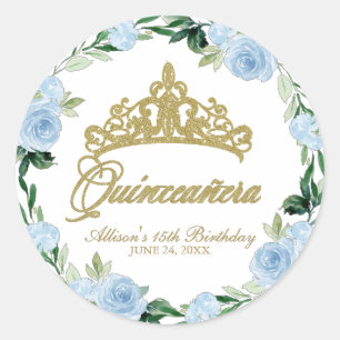 Sticker Rond Quinceanera Dieu Tiara Baby Blue Floral