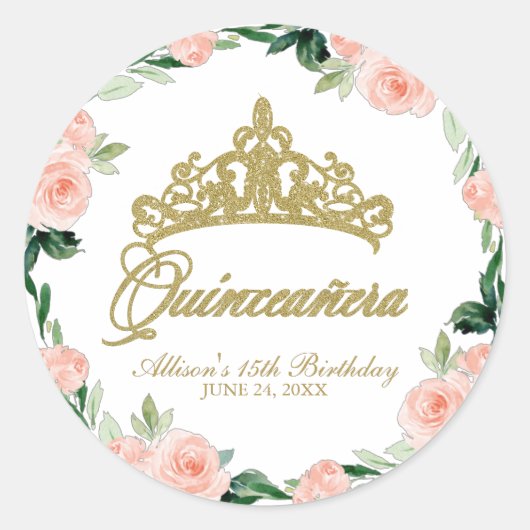 Sticker Rond Quinceanera Dieu Tiara Blush rose Floral (Devant)