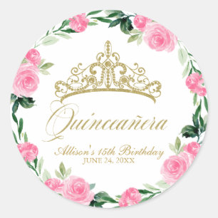 Sticker Rond Quinceanera Dieu Tiara Hot rose Floral