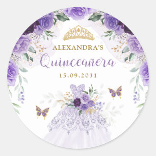 Sticker Rond Quinceanera d'or violet Fête d'anniversaire Faveur