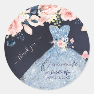 Sticker Rond Quinceanera Dusty Blue Parties scintillant Gown Bl