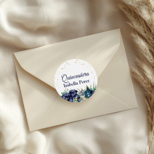 Sticker Rond Quinceañera en bleu marine floral et paillettes do