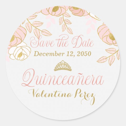 Sticker Rond Quinceanera en or rose et blanc en fleurs (Devant)
