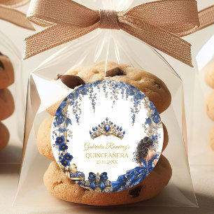 Sticker Rond Quinceañera Fleurie Tiara Dorée Bleu Royal