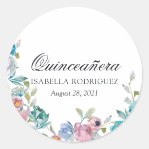 Sticker Rond Quinceañera florale bleu et turquoise