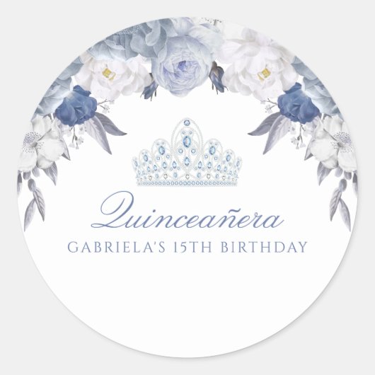 Sticker Rond Quinceanera florale bleue et blanche (Devant)
