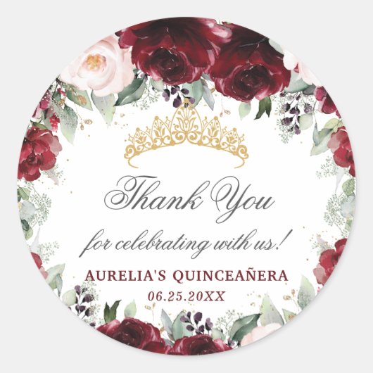 Sticker Rond Quinceanera Florale Rose de Bourgogne Favoriser le (Devant)