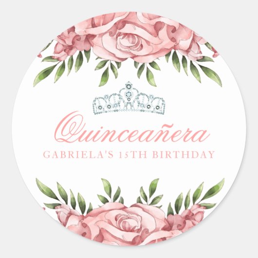 Sticker Rond Quinceanera florale rose et blanche (Devant)