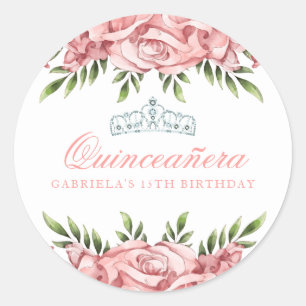Sticker Rond Quinceanera florale rose et blanche