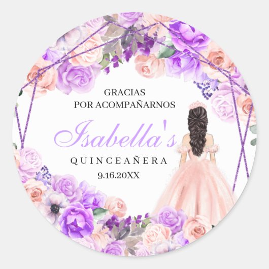 Sticker Rond Quinceanera florale rose et violet (Devant)