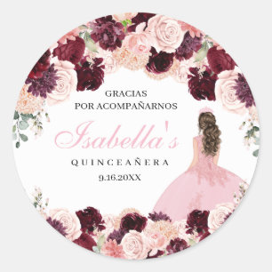 Sticker Rond Quinceanera florale rose pâle de Bourgogne