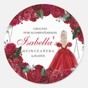 Sticker Rond Quinceanera florale rouge et argent
