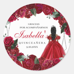 Sticker Rond Quinceanera florale rouge et argent